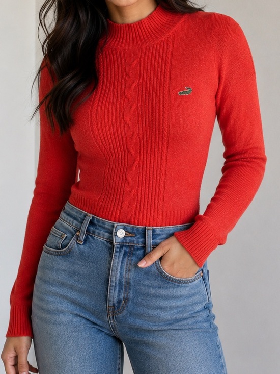 Lacoste Sweaters - Vintage Lacoste Burnt Orange Wool Blend Mock Neck Cable Knit Sweater Size Small